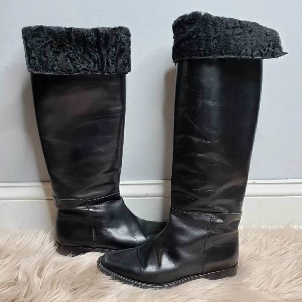 Manolo Blahnik Black Astrakhan-Cuffed Riding Boot